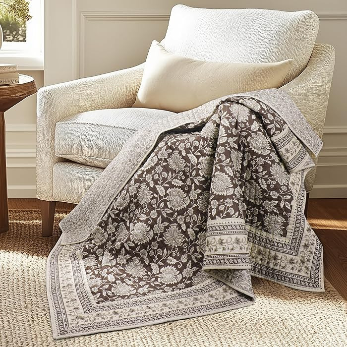 Levtex Home - Adare Cocoa Quilted Throw - (50x60in.) - Floral - Brown Taupe Cream - Reversible - ... | Amazon (US)