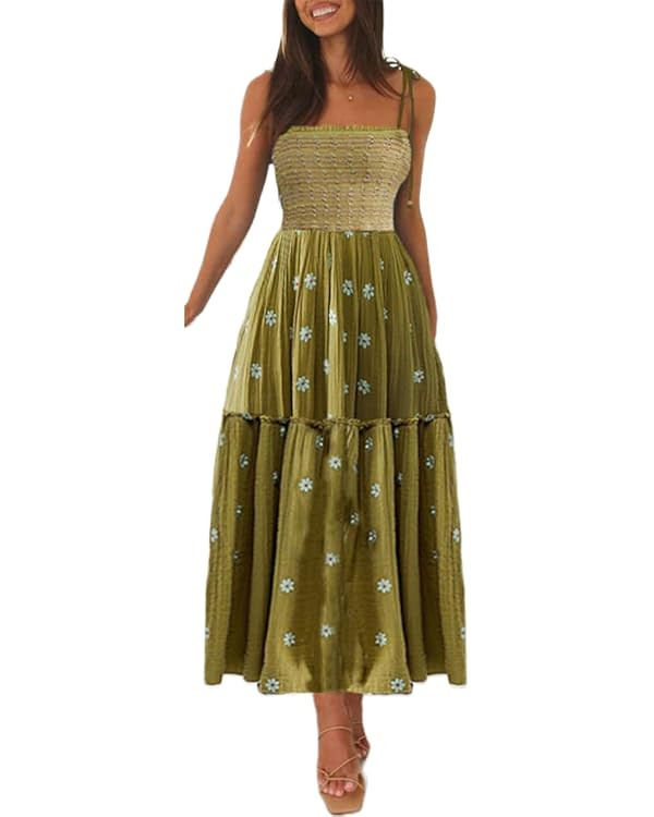 Womens Boho Long Summer Dresses Casual Beach Vacation Sun Dress Spaghetti Strap Flowy Embroidered... | Amazon (US)