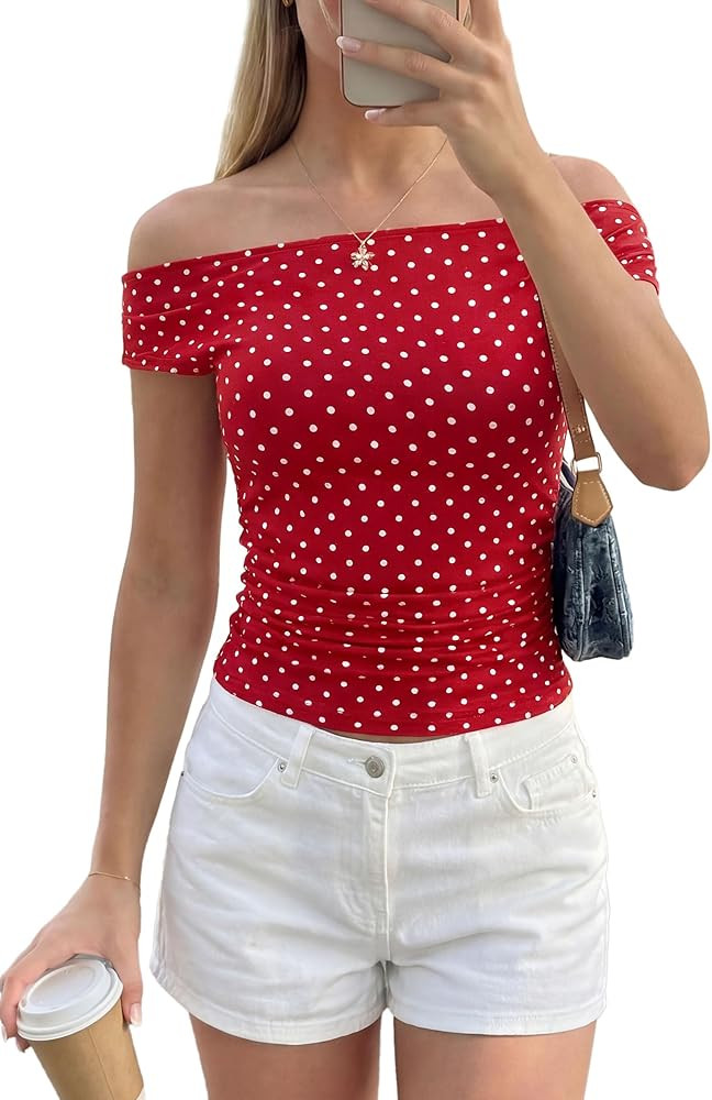 PRETTYGARDEN Womens Off The Shoulder Tops 2026 Summer Y2K Clothes Going Out Shirts Ruched Tank To... | Amazon (US)