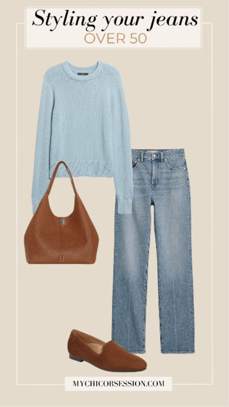 This baby blue color is a great option for those wanting to incorporate some color while still going for neutral outfits. On the bottom, these 90s straight jeans support and lift with their vintage fit. For shoes and a bag, these brown accessories go beautifully with the existing color of the look.

#LTKSeasonal #LTKstyletip #LTKover40