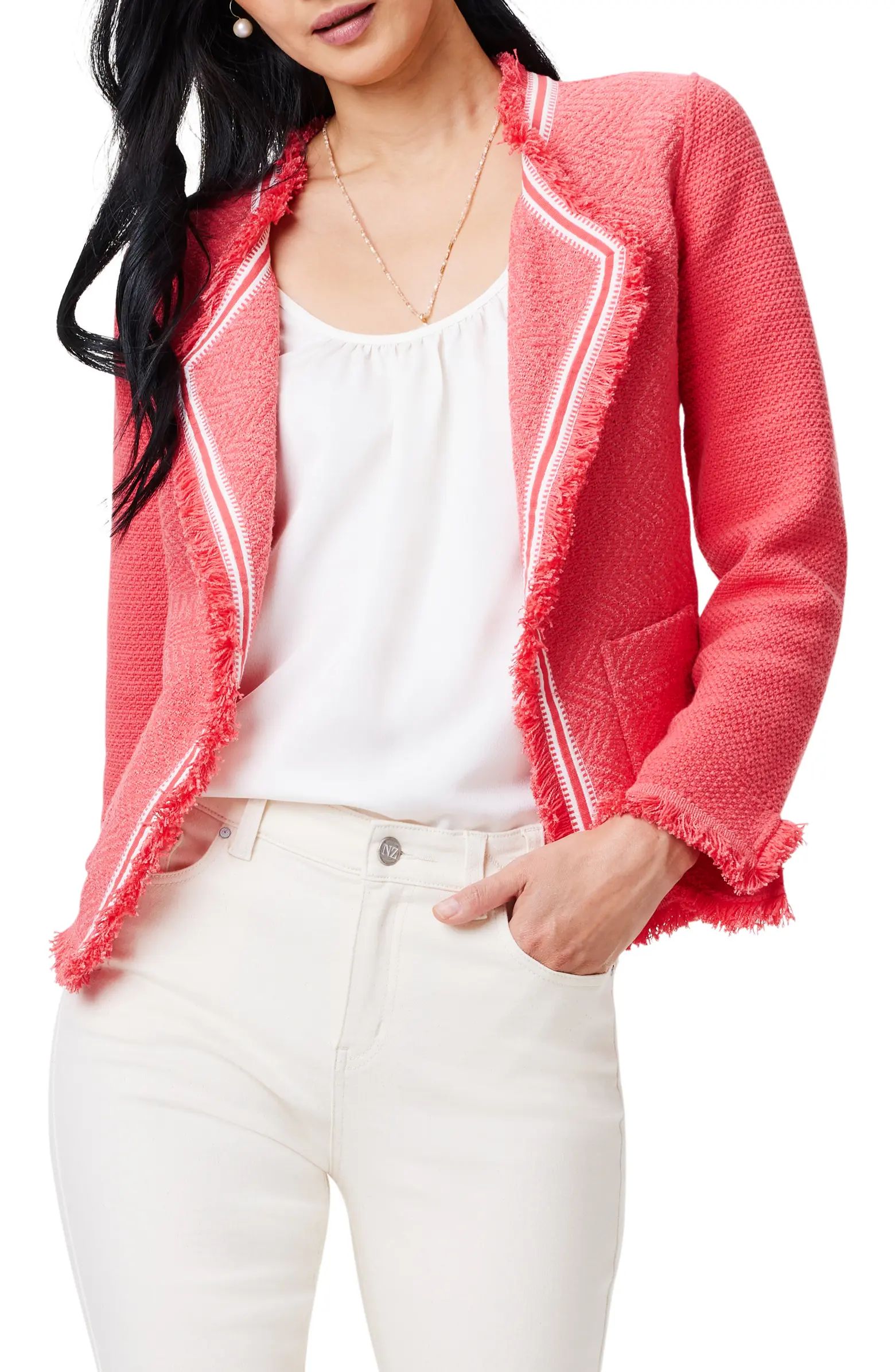 Ribbon Trim Fringe Mix Knit Jacket | Nordstrom