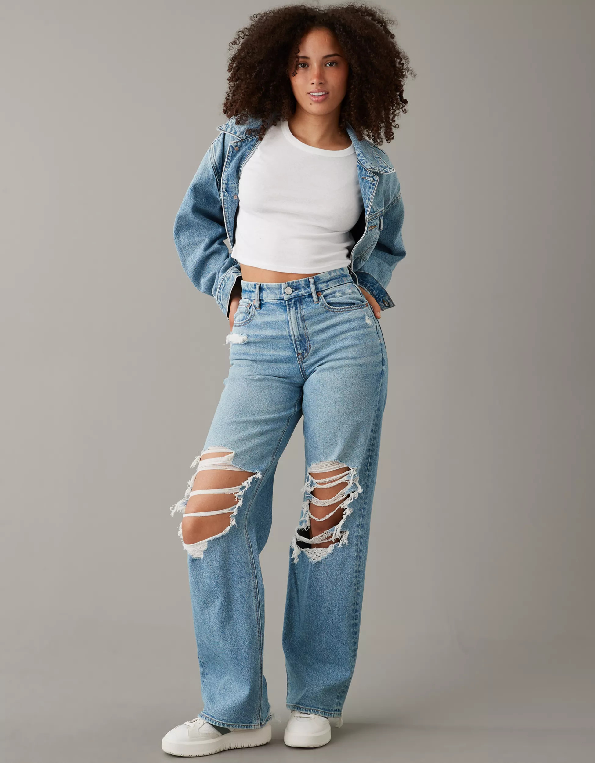 AE Stretch Curvy Super High-Waisted Baggy Straight Jean | American Eagle Outfitters (US & CA)
