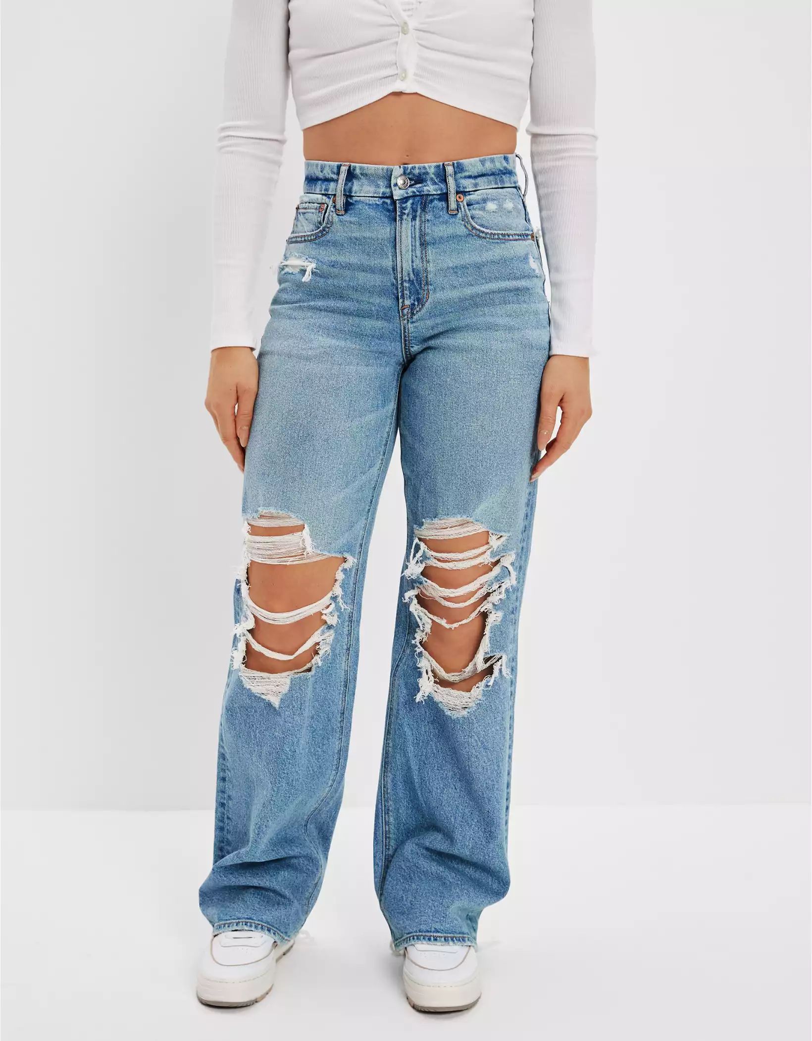 AE Stretch Curvy Super High-Waisted Baggy Straight Jean | American Eagle Outfitters (US & CA)