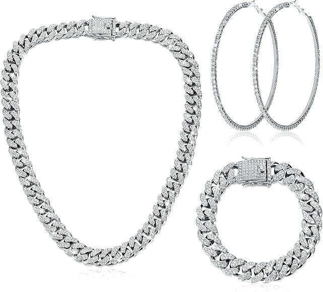 Batiyeer Cuban Link Chain Necklace Bracelet Rhinestone Earrings Bling Necklace Bracelet Crystal B... | Amazon (US)
