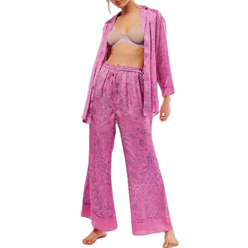 Women Satin Pajama Set Floral Silk Pajamas 2 Piece Lounge Sets Button Down Shirts Wide Leg Pants ... | Amazon (US)