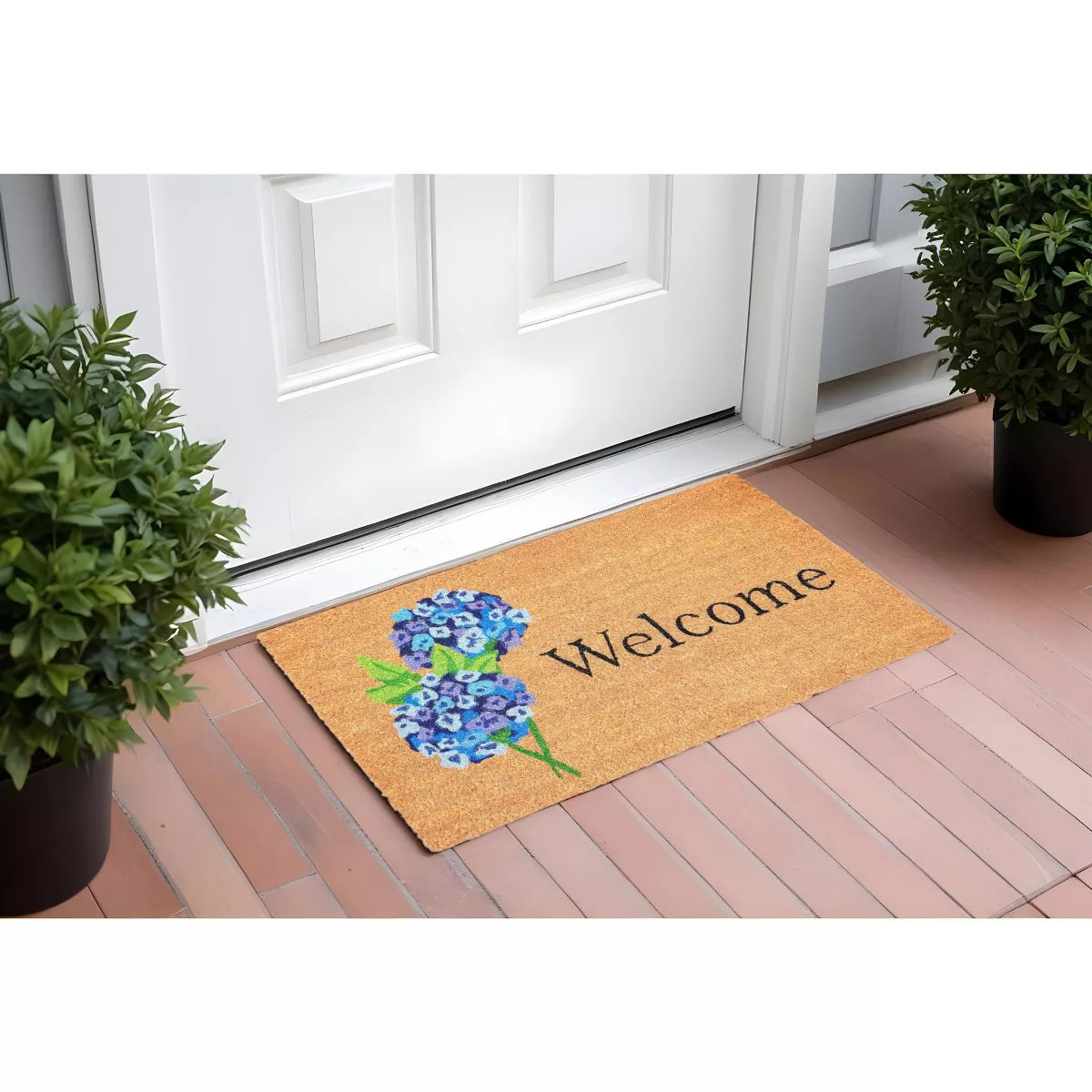 HomeRoots 17" X 29" Natural and Blue Coir Floral Welcome Outdoor Door Mat | Target