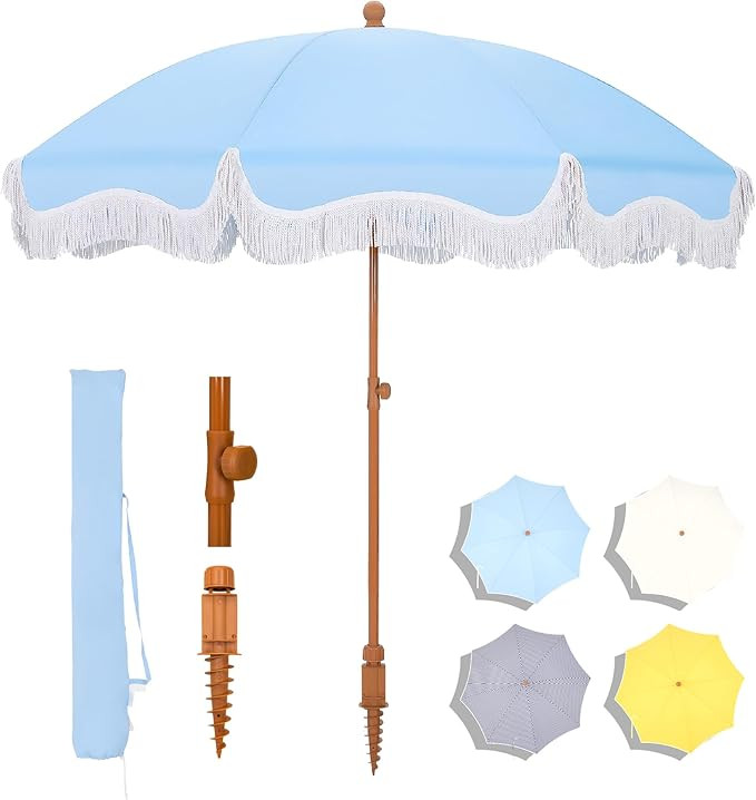 MFSTUDIO 7ft Patio Beach Umbrella with Fringe, Tassel Umbrellas with Sand Anchor & Tilt Button, H... | Amazon (US)