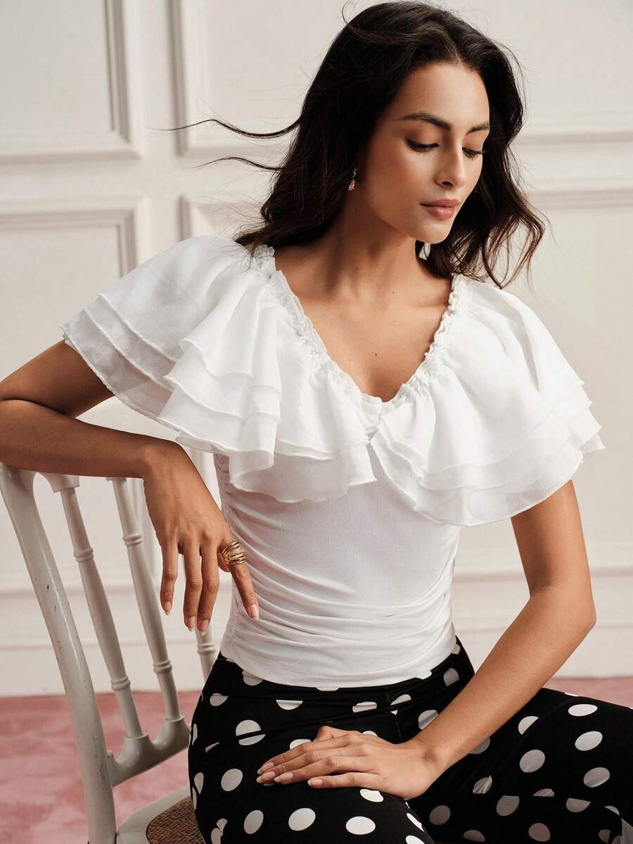 BELROSIE Multi-Layer Ruffle Milk Silk Slim Fit Women's Top | SHEIN
