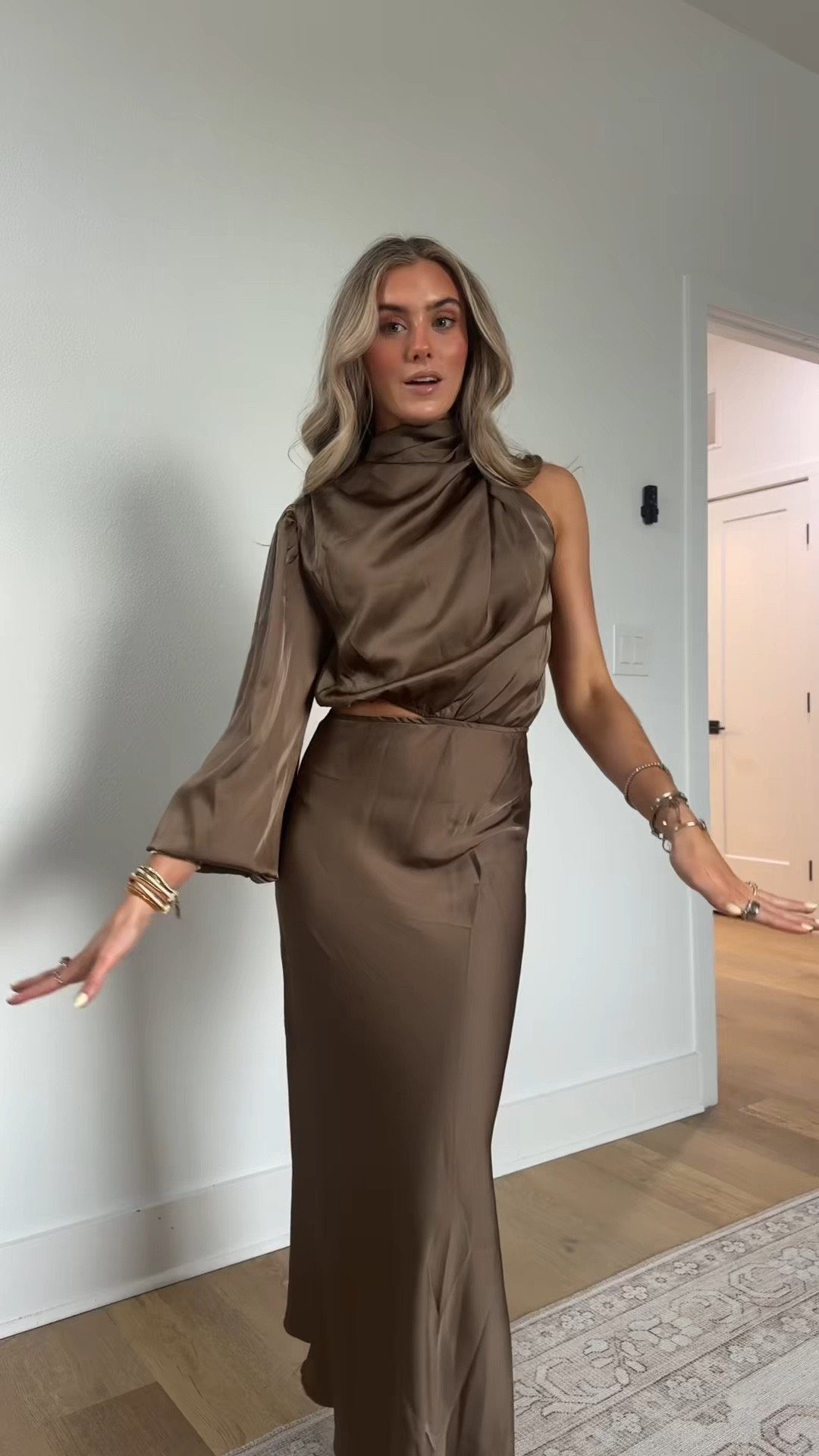 @hellomolly size XS. Won over midi dress in brown. Earn your style points in the Won Over Midi Dress. Featuring one shoulder design and cowl drapes. Style with heels for a look we're obsessed with. 

#LTKootd #LTKWedding #LTKgrwm