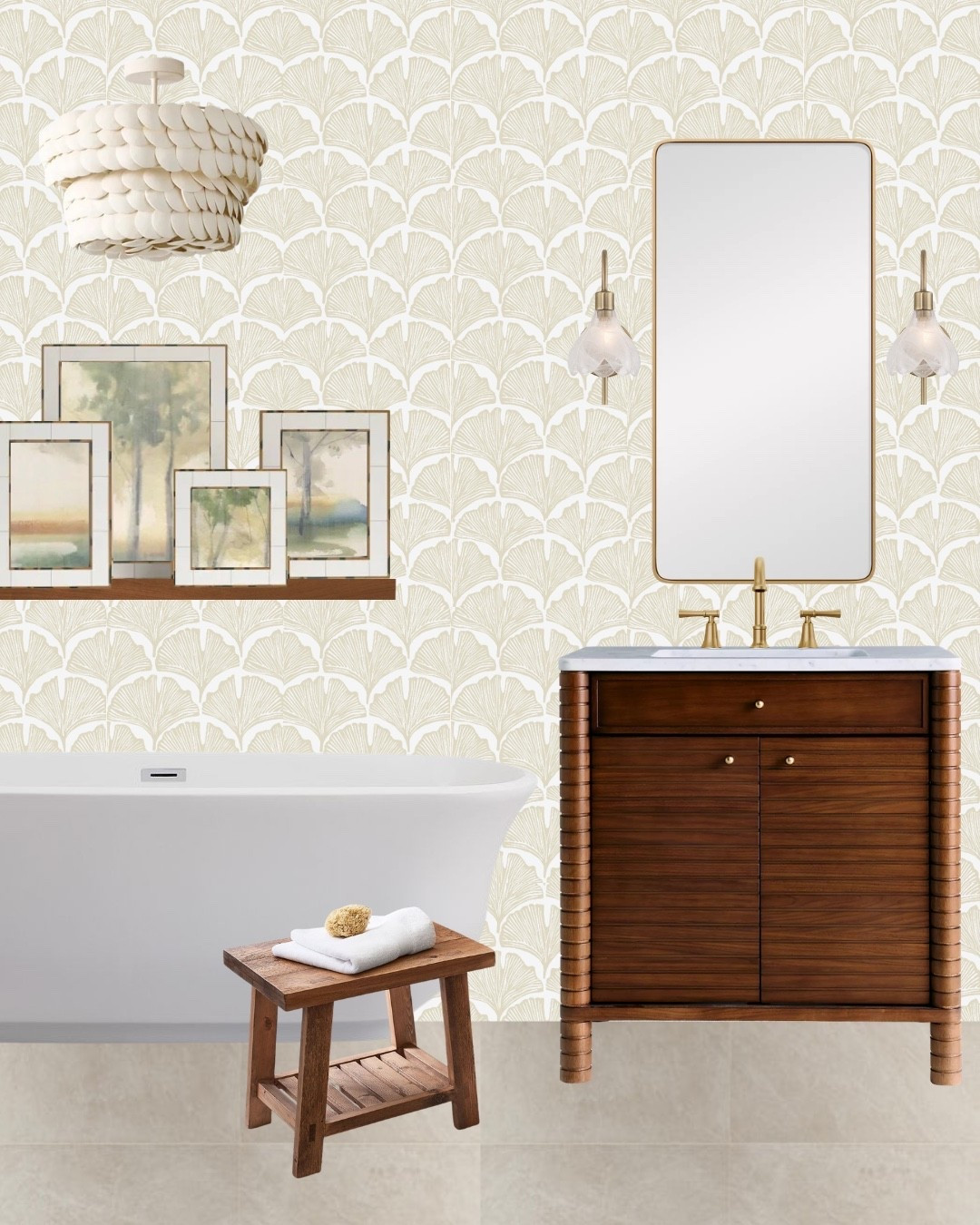 Golden glow ✨

This warm walnut vanity + patterned wallpaper combo is giving vintage spa energy. Neutral home bathroom inspo.

#LTKHome