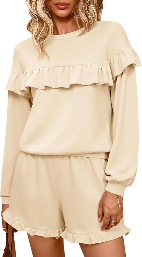Tankaneo Womens 2 Piece Lounge Sets Ruffle Long Sleeve Sweatshirt High Waisted Shorts Sets Casual... | Amazon (US)