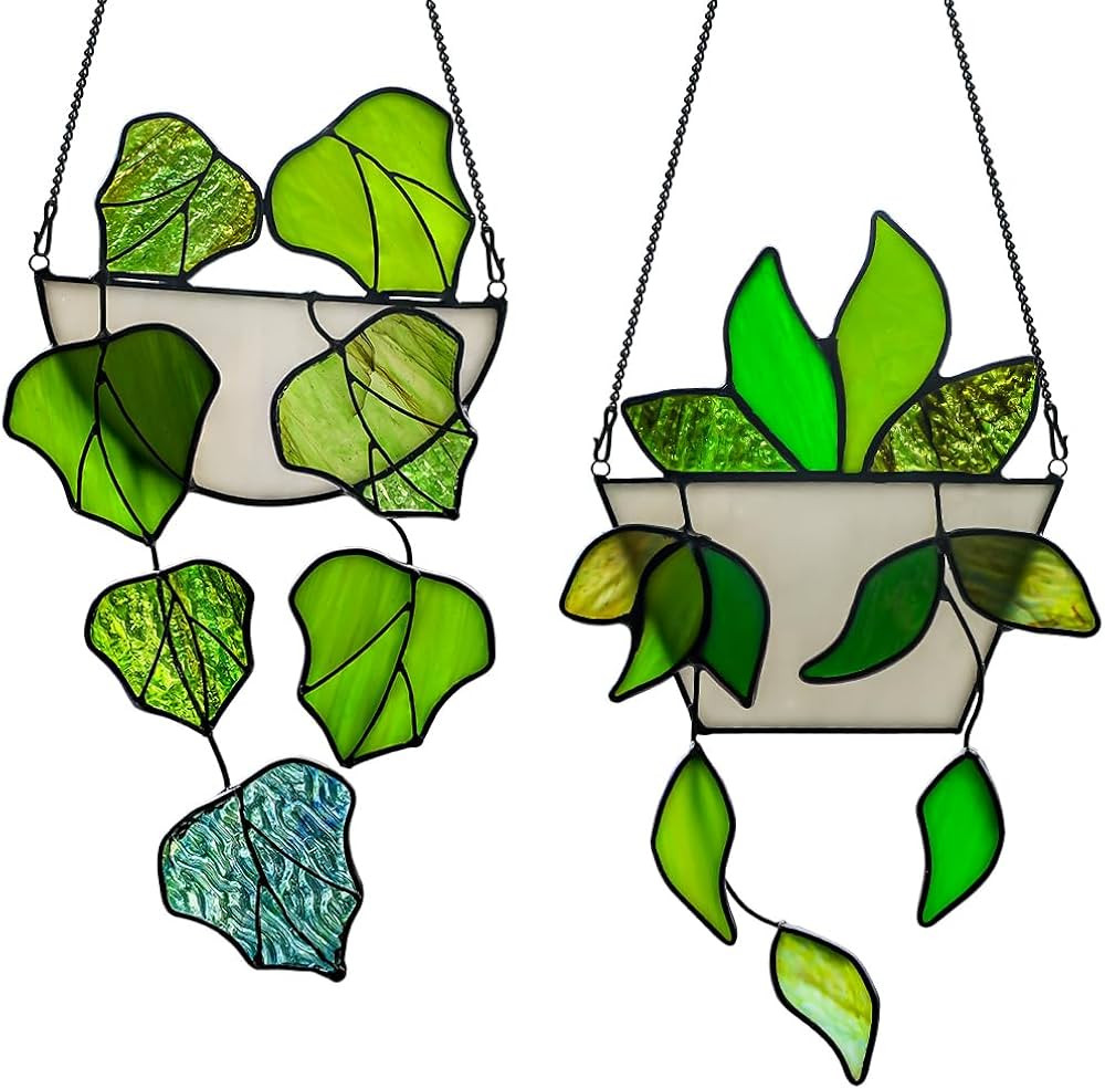 Green Plant Decor Stained Glass Window Hanging,Fake Plant Gifts for Women Suncatchers Indoor Wind... | Amazon (US)