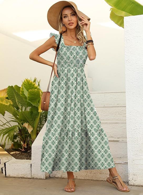 LOLONG Maxi Dress for Women Summer Boho Spaghetti Strap Square Neck Ruffle Beach Sun Dress | Amazon (US)