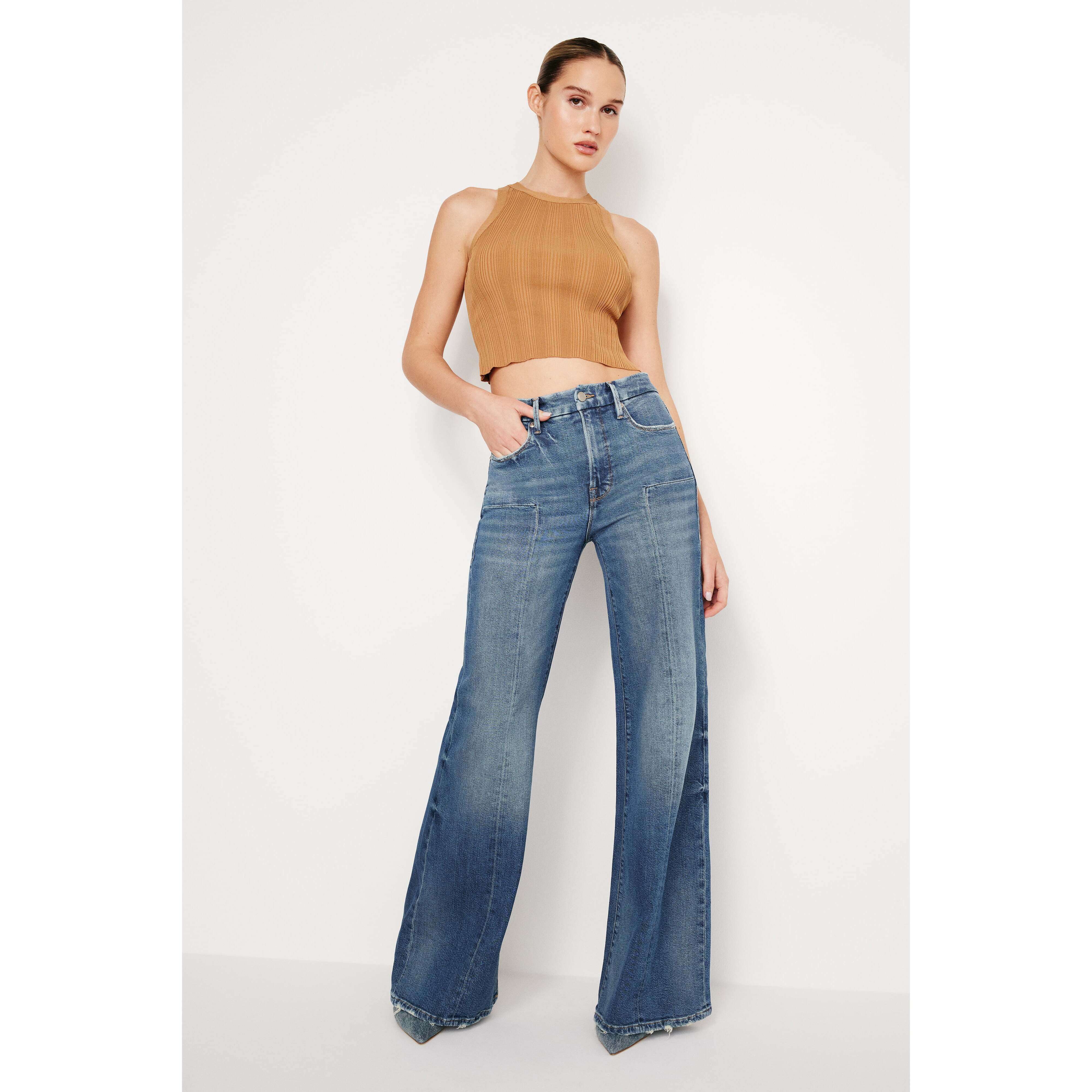 Women's Good Waist Palazzo Jeans | Flat Tummy Tech, Gap-Proof Waistband | Indigo, Size 2 | Good American by KhloÃ© Kardashian | Good American