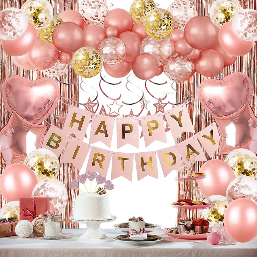 Rose Gold Birthday Party Decorations, Happy Birthday Banner, Rose Gold Fringe Curtain, Heart Star... | Amazon (US)