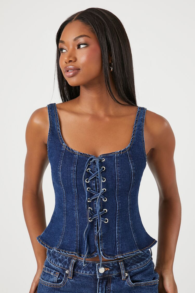 Lace-Up Denim Tank Top | Forever 21 (US)