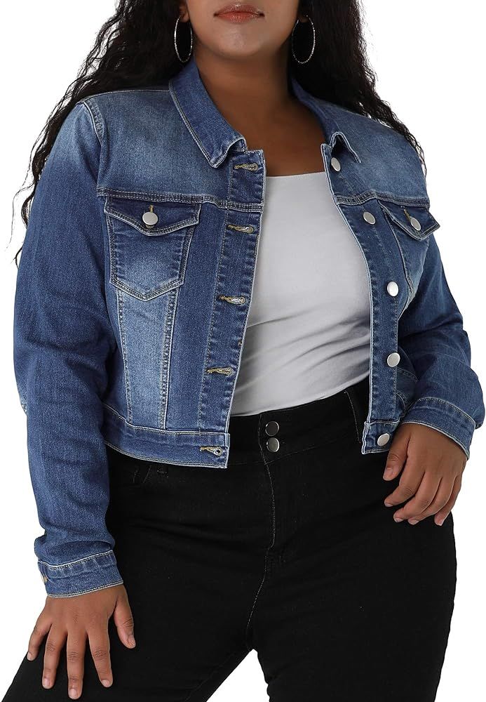 uxcell Women's Plus Size Button Closed Cropped Denim Jacket | Amazon (US)
