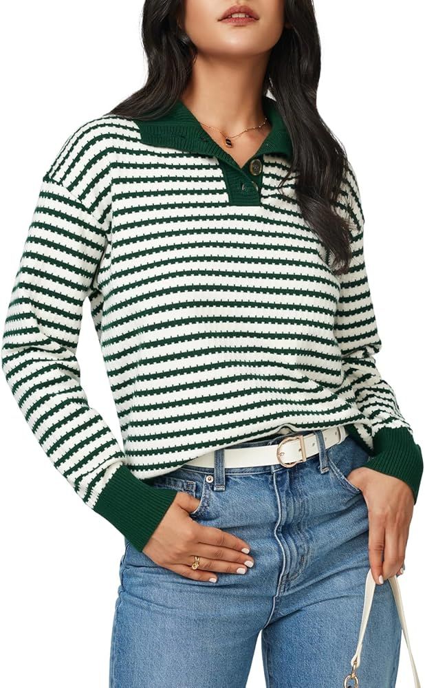 Arach&Cloz Sweaters for Women 2023 Fall Clothes Casual Fashion Foldover Collar Striped Knit Pullo... | Amazon (US)