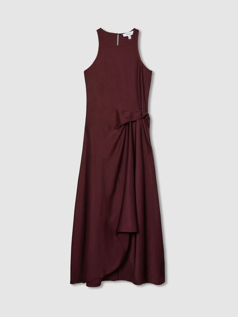 Satin Drape Tuck Midi Dress in Burgundy | Reiss US