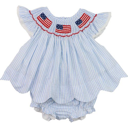 Blue Seersucker Smocked Flags Diaper Set | Cecil and Lou