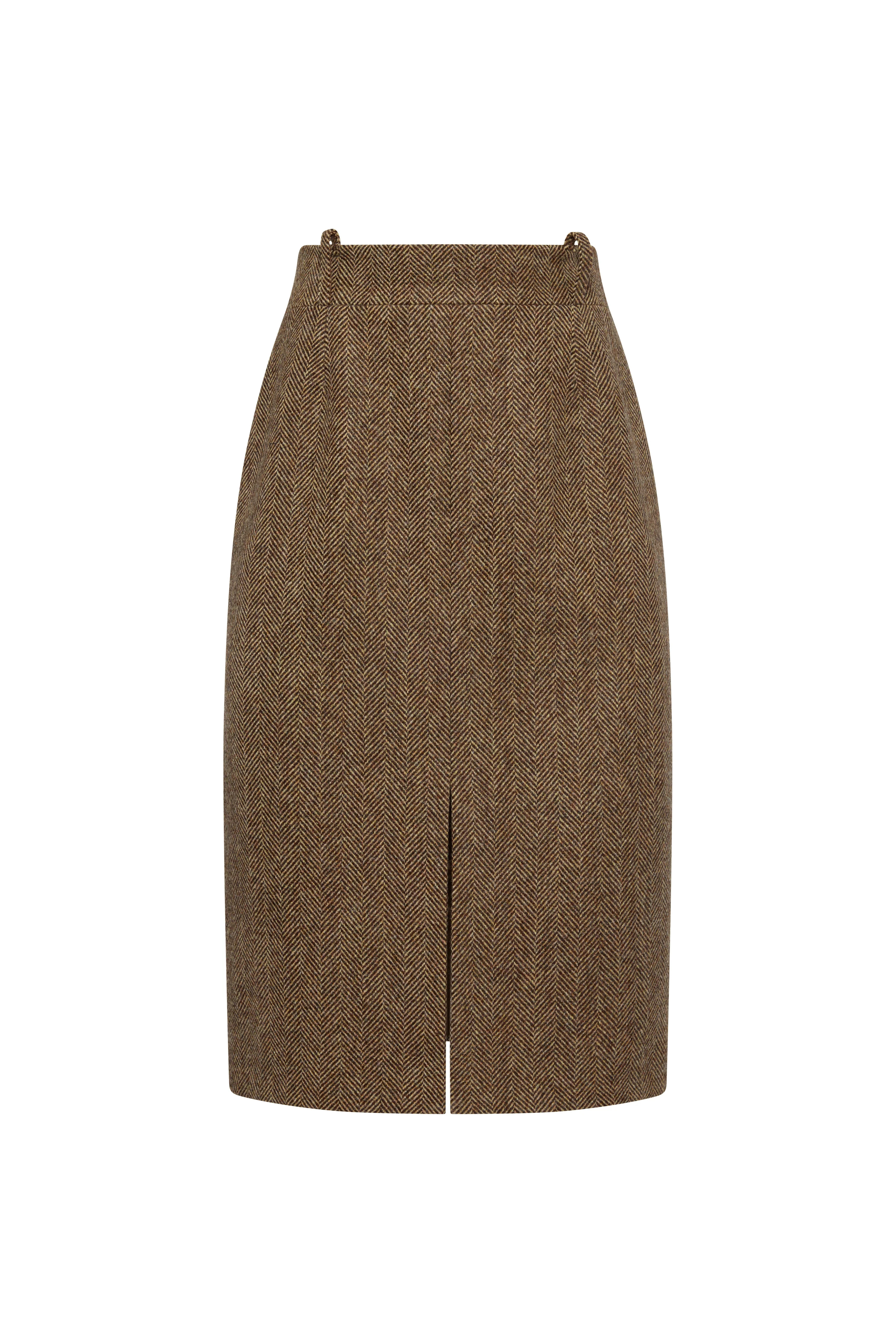 Mayfair Pencil Skirt (Large Scale Brown Herringbone) | Holland Cooper
