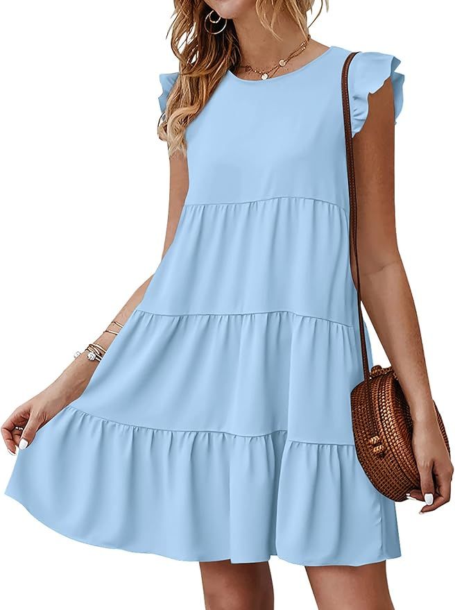 KIRUNDO Women's Sleeveless Ruffle Sleeve Round Neck Loose Short Flowy Pleated Mini Dresses | Amazon (US)