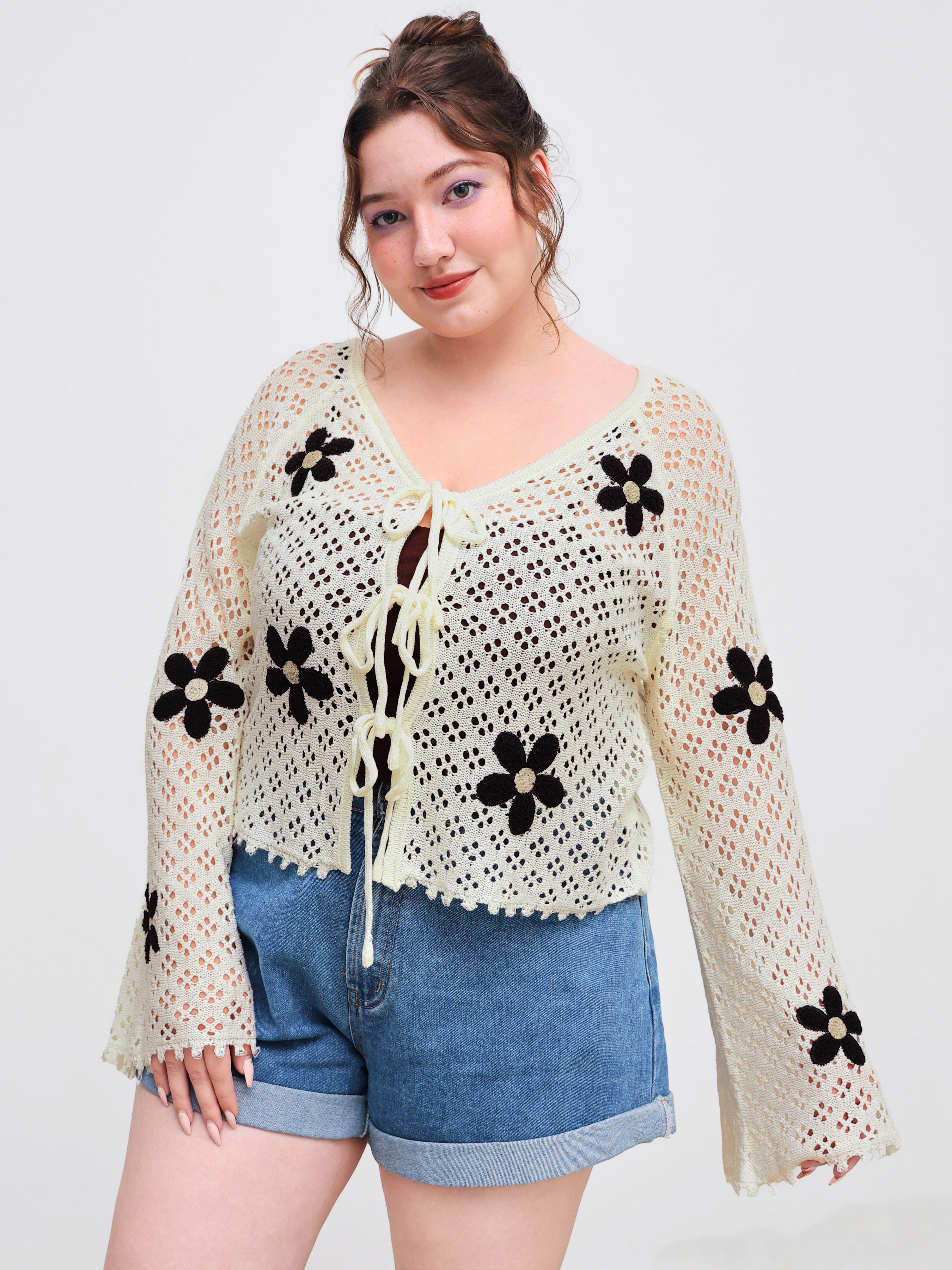 Floral Cardigan Knit Fabric Knitted V-neck Floral Knotted Hollow Out Cardigan Curve & Plus For Pi... | Cider