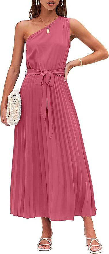 MEROKEETY Womens 2024 One Shoulder Sleeveless Pleated Tie Waist A Line Flowy Party Maxi Dress | Amazon (US)