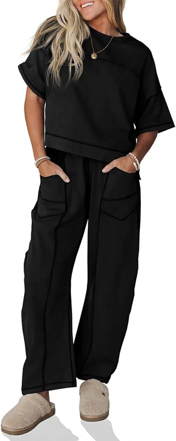 Fisoew Womens 2 Piece Outfits Lounge Sets Short Sleeve Tops and Wide Leg Pants Travel Vacation Ca... | Amazon (US)