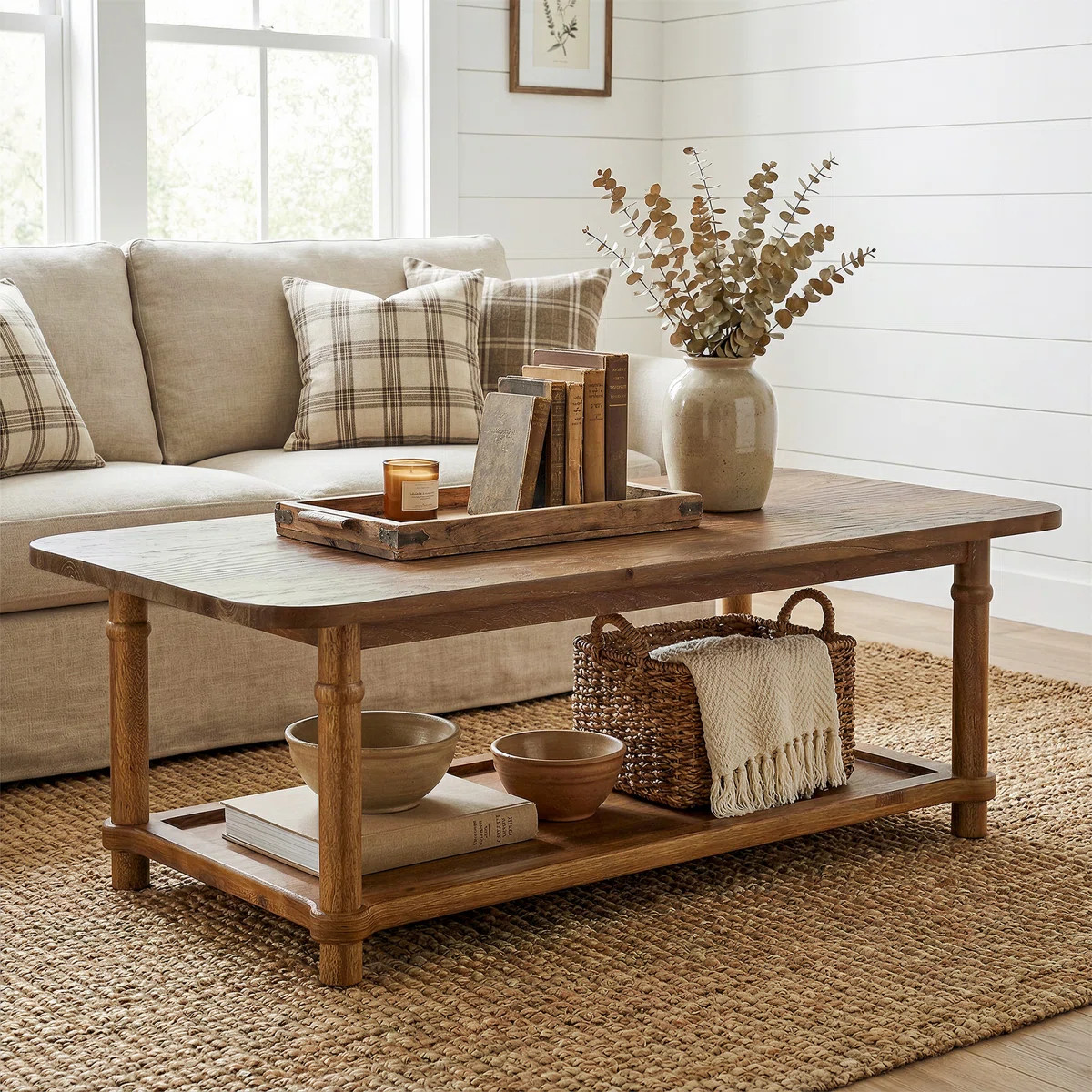 47" Solid Wood Coffee Table, Modern Farmhous Center Table with 2-Tier Storage | Wayfair North America