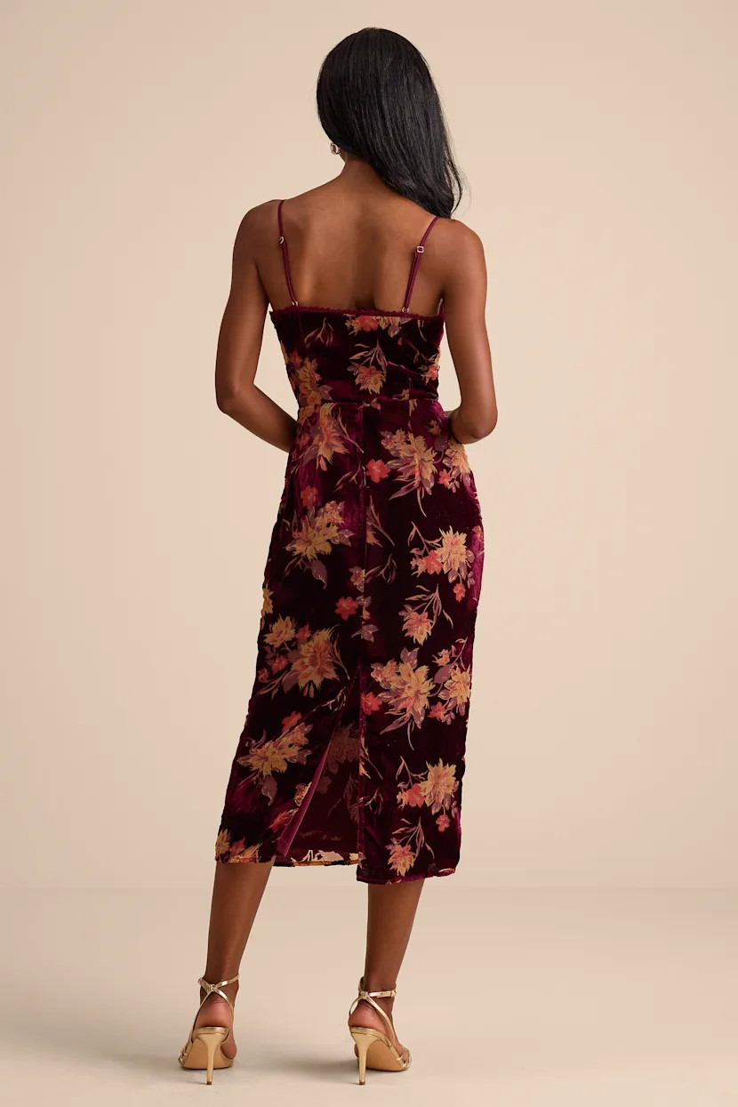 Erisa Burgundy Velvet Floral Burnout Midi Dress | Lulus