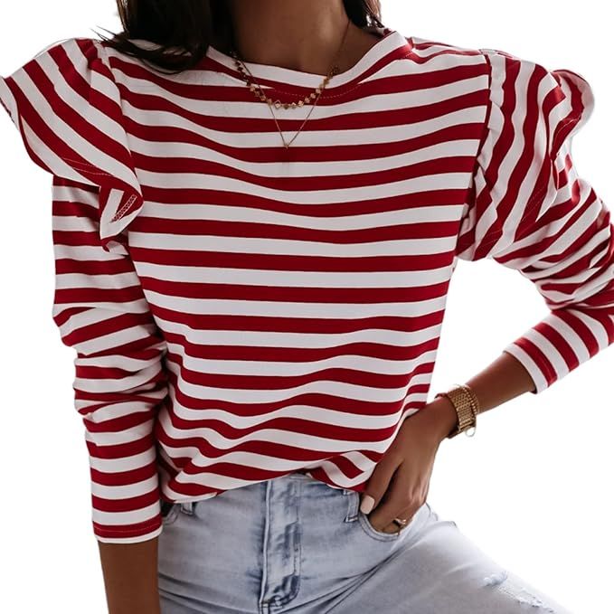 LilyCoco Women's Long Sleeve Striped Shirts Ruffle Sleeve Tops Dressy Fall T-Shirt | Amazon (US)