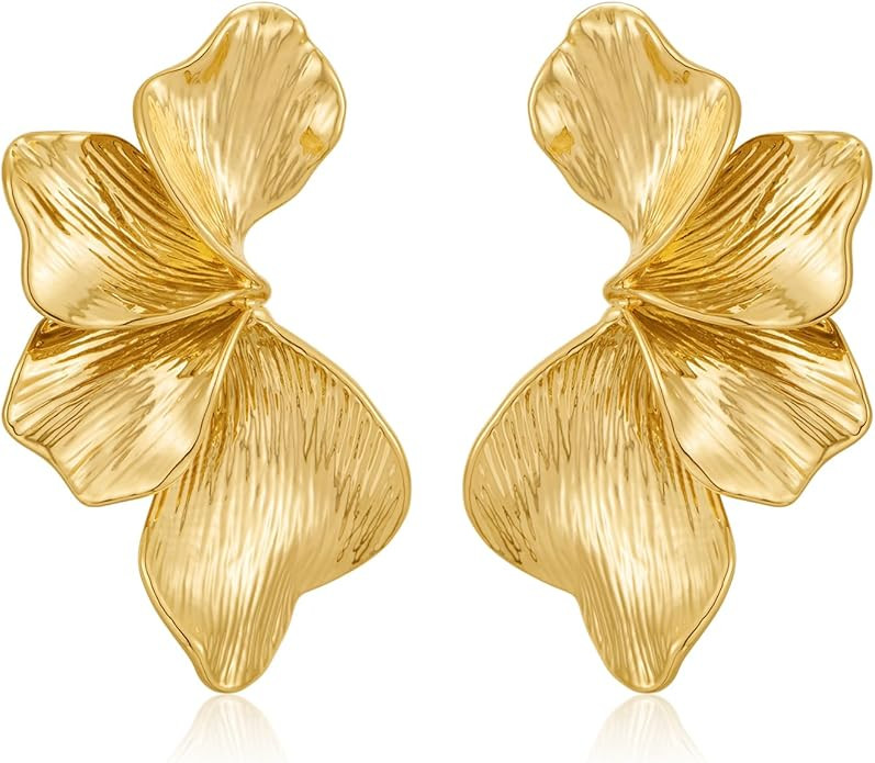 Chunky Gold Statement Earrings For Women Gold Plated Sectored Flower Leaf Shell Angel Wing Earrin... | Amazon (US)