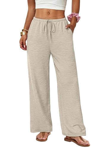 Sampeel Linen Pants Women Palazzo Wide Leg Work Pants Woman Spring Beach Vacation Outfits Summer Clothes Cruise Business Casual Travel Outfits 2026 Fashion Clothing Comfy Flowy Khaki M | Amazon (US)