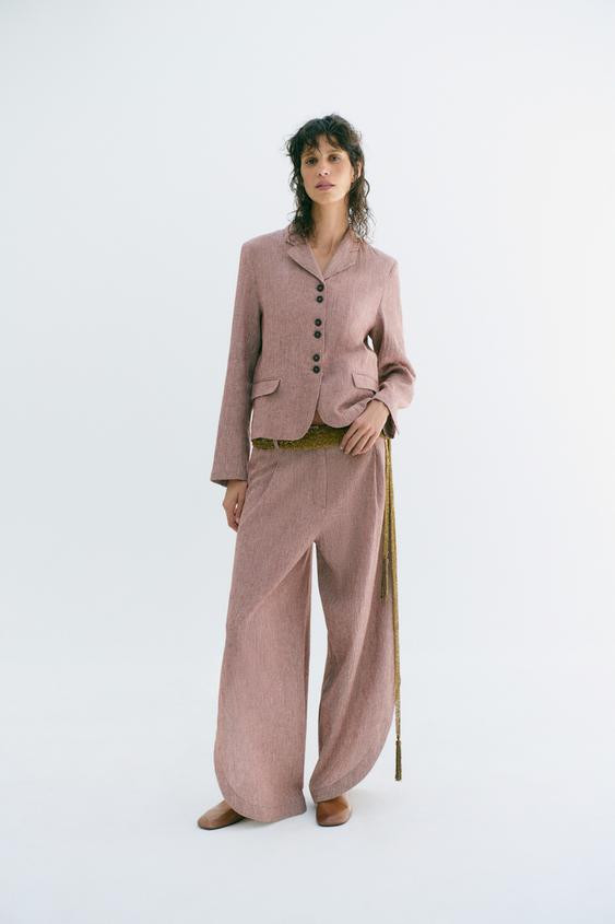 Zara - Zw Collection Linen Blend Vented Trousers - Maroon - L - Woman | Zara US