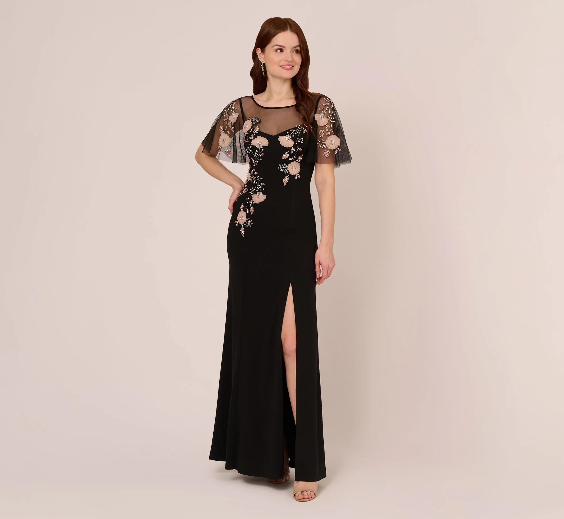 Flutter Sleeve Crepe Gown With Floral Sequin Beading In Black Blush Mu | Adrianna Papell