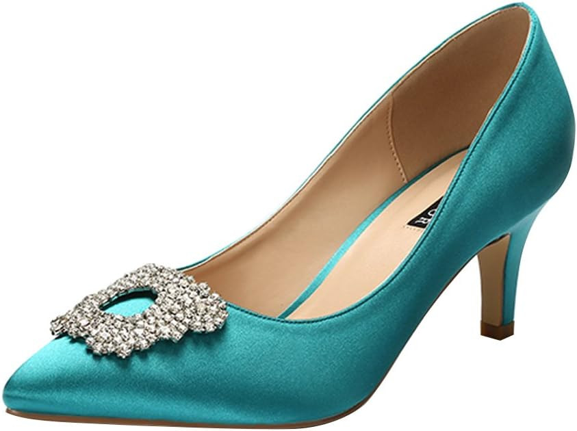 ERIJUNOR Women's Pumps Low Heel Rhinestone Brooch Satin Evening Dress Wedding Shoes | Amazon (US)