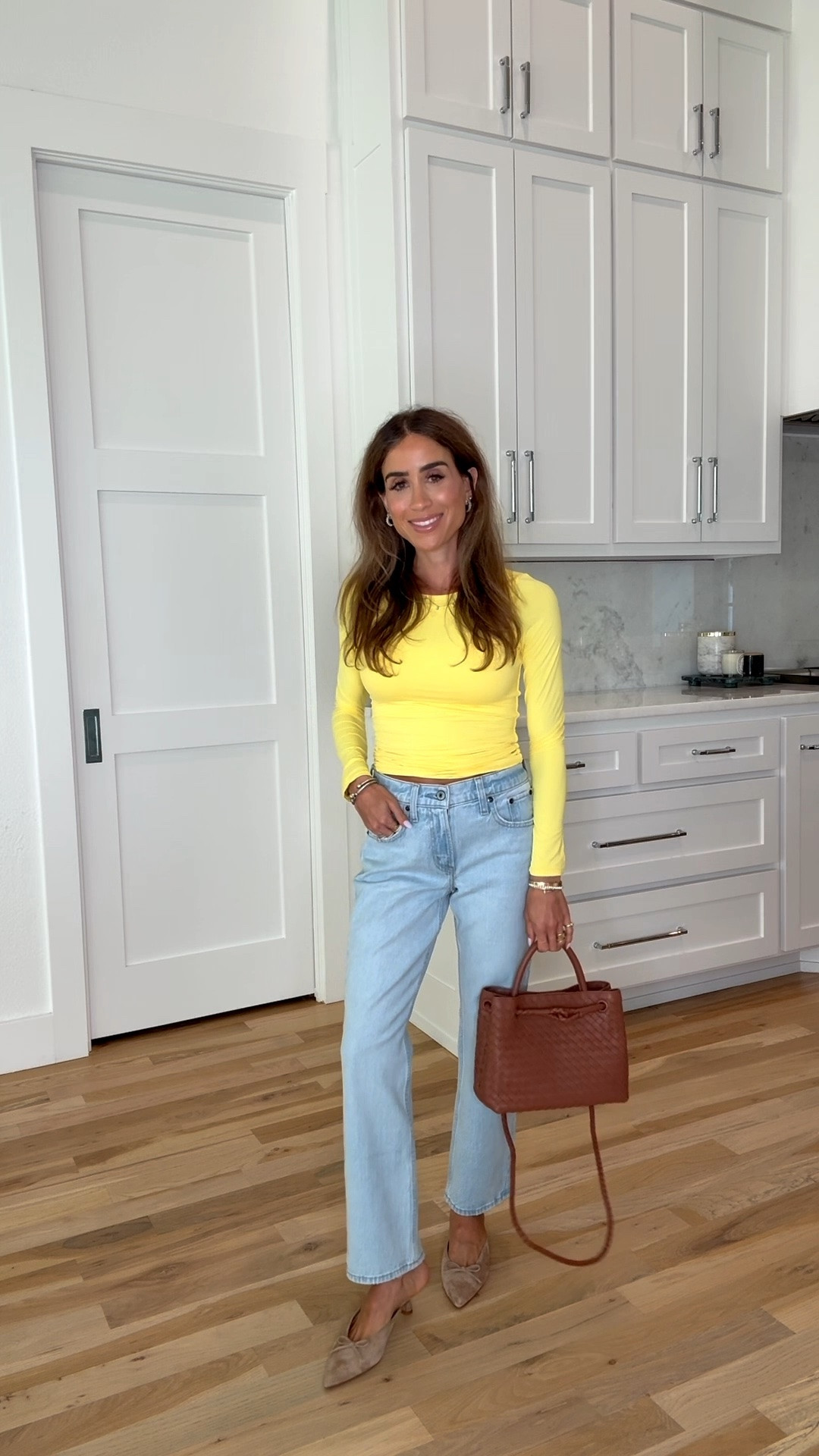 Yellow stretch long sleeve top wearing smallest size love the  color. The peep toe mules are on sale

#LTKPetite #LTKSaleAlert #LTKootd