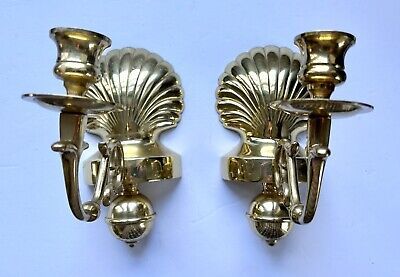 Pair Of Heavy Brass Scallop Shell Candle Wall Sconces Vintage Hollywood Regency  | eBay | eBay US