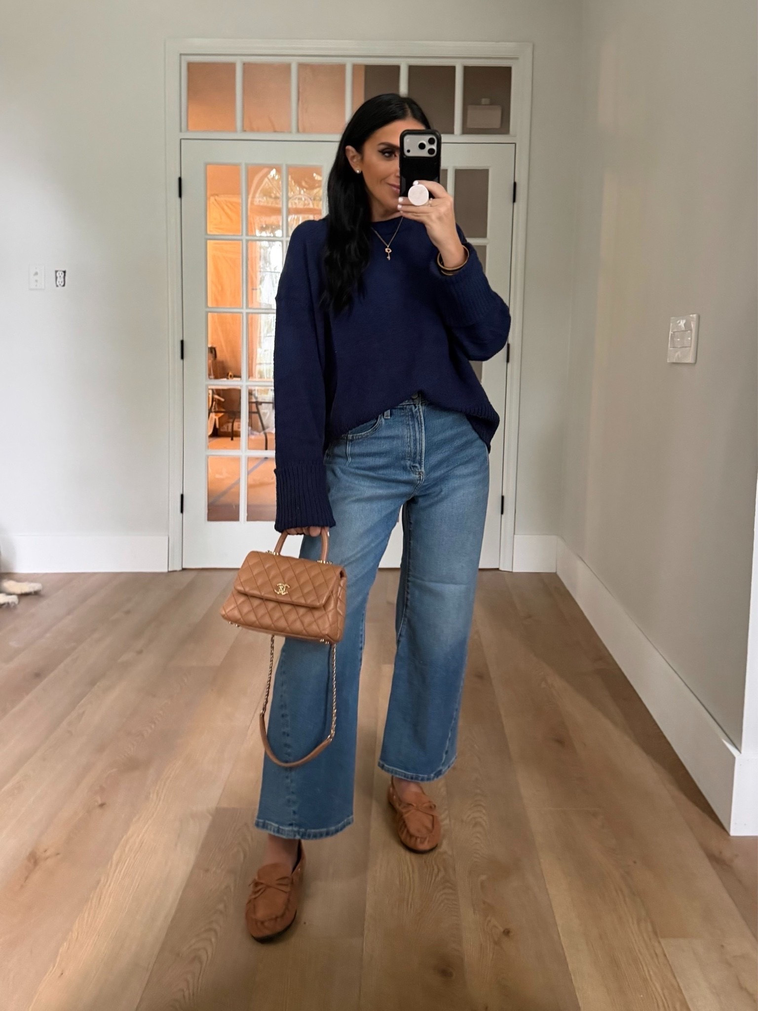 PAIGE Anessa 31" High-Rise Wide-Leg Jeans. Women Oversized Cozy Knit Sweater. Scenario Women's Studded Moccasin Flas.