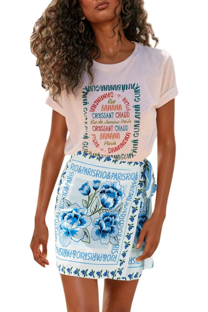CHARTOU Women's Summer Floral Print Wrap Short Skirt Knot Side High Waist A Line Beach Mini Skirt | Amazon (US)