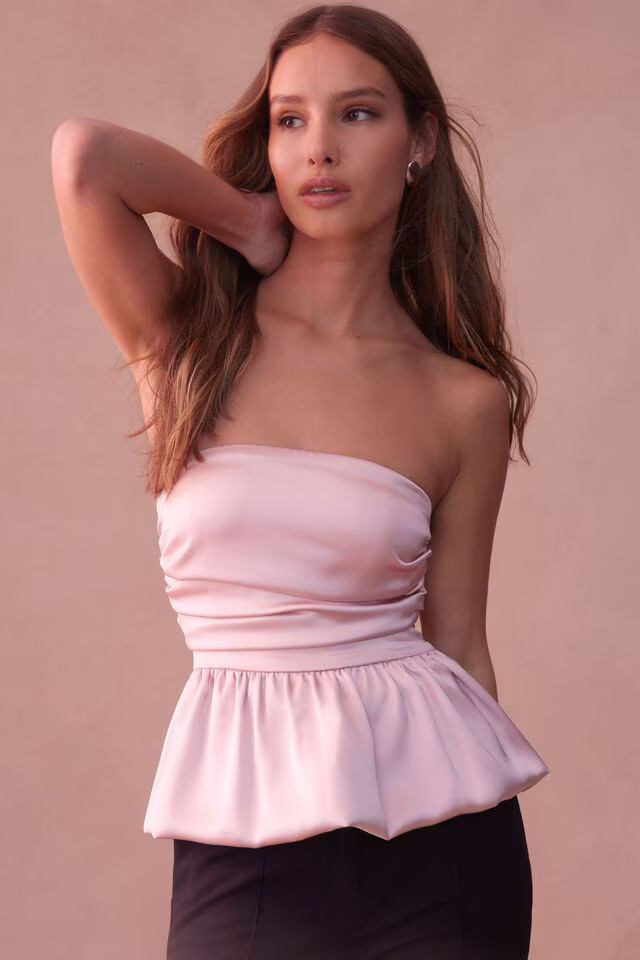 Ruched Peplum Satin Top | Dynamite Clothing