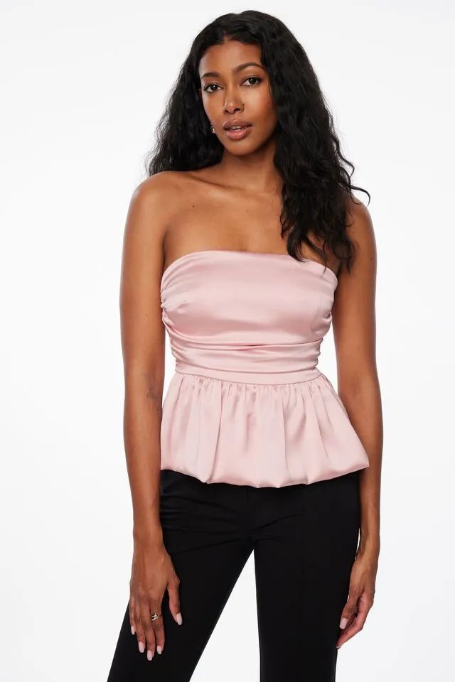 Ruched Peplum Satin Top | Dynamite Clothing