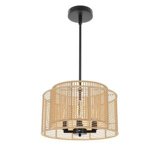 14.76 in. 4-Light Boho Hand Woven Rattan Black Chandelier Height Adjustable Rustic Farmhouse Ceiling Hanging Light | The Home Depot