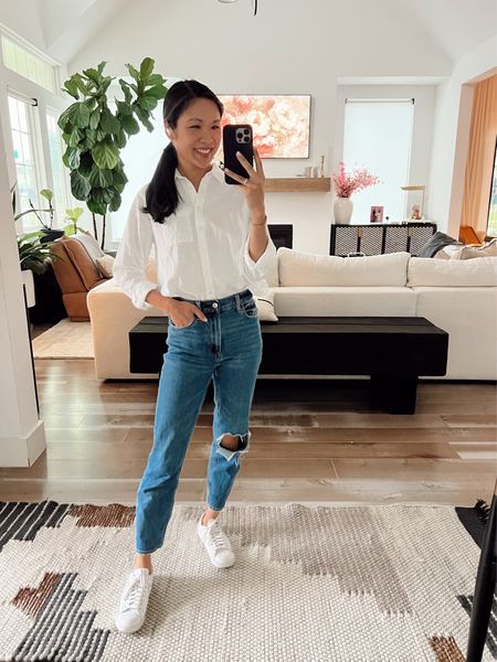 Spring and summer outfit with linen blend button up shirt paired with mom jeans and leather sneakers for a chic look. Wearing size 24 short in the jeans and size XS in the top! Top is 40% off and similar jeans are 70% off with an extra 15% off

#LTKSeasonal #LTKStyleTip #LTKSaleAlert