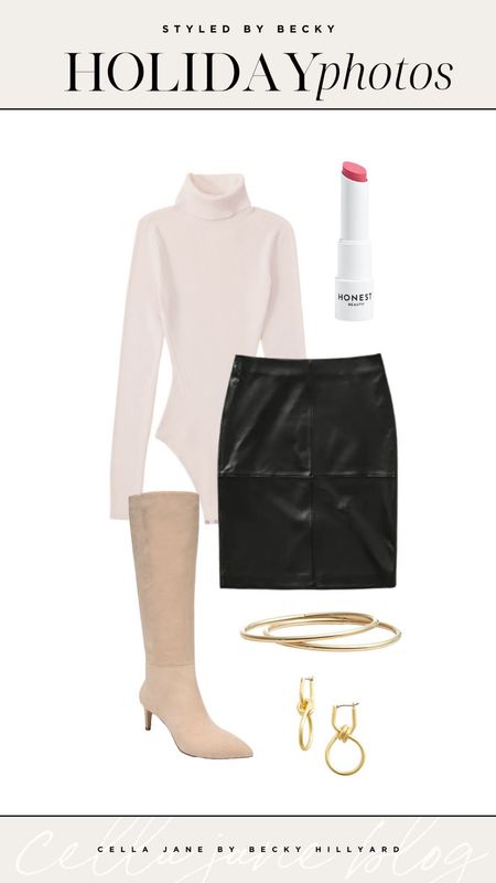 Holiday photo outfit inspiration! Cream turtleneck, vegan leather skirt, suede boots  

#LTKstyletip