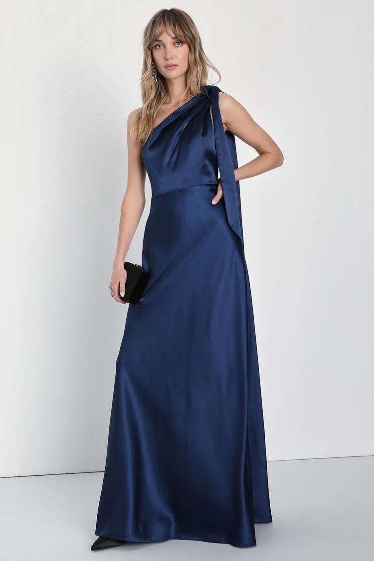 Lovely Refinement Navy Blue Satin Cutout One-Shoulder Maxi Dress | Lulus (US)