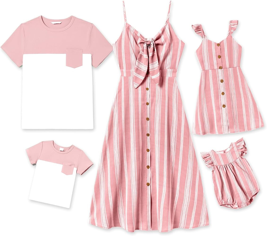 IFFEI Family Matching Outfits Mommy and Me Dresses Tshirt Set Spaghetti Strap Stripe Print Summer... | Amazon (US)