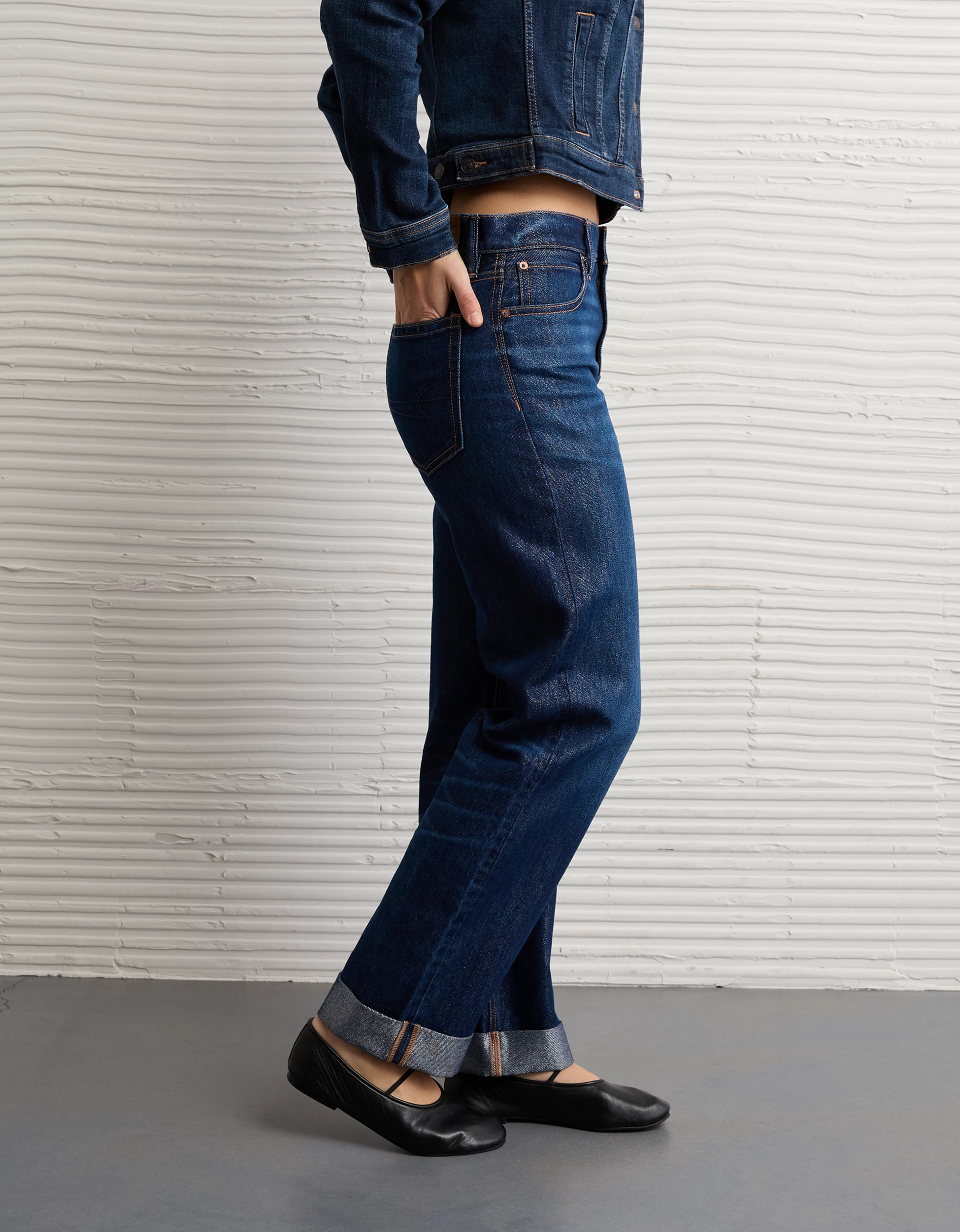 AE Shimmer Low-Rise Cuffed Baggy Straight Jean | American Eagle Outfitters (US & CA)