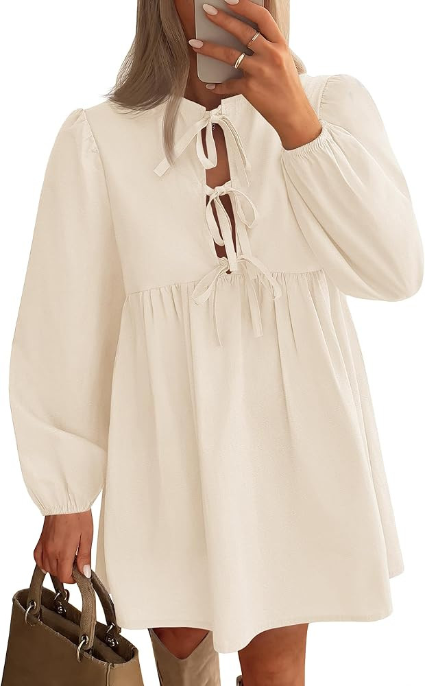 ZESICA Fall Dresses for Women 2024 Lantern Sleeve Self Tie A Line Pleated Cute Casual Babydoll Mi... | Amazon (US)